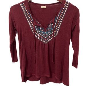 Hollister Women’s Small Maroon V Neck Boho Babydoll Top 3/4 Sleeve Flowy